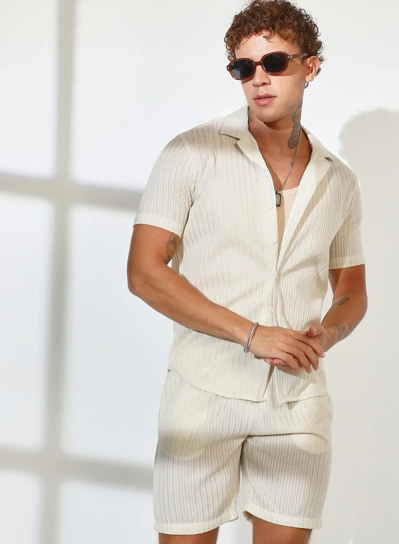 Campus Sutra Men's Cream White Ribbed-Striped Co-Ord Set For Casual Wear | Cuban Collar | Short Sleeve | Button Closure | Co-Ords Crafted With Comfort Fit For Everyday Wear